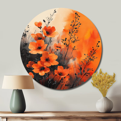 Burning Wildflowers In Orange Expressionism II - Wildflowers Round Metal Wall Art