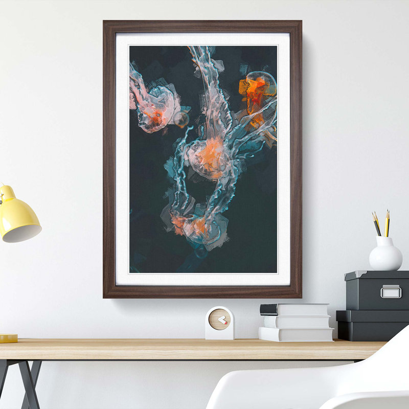 Peach Jellyfish in Abstract - Framed Print, 65cm H x 48cm W x 2cm D, Walnut Framed