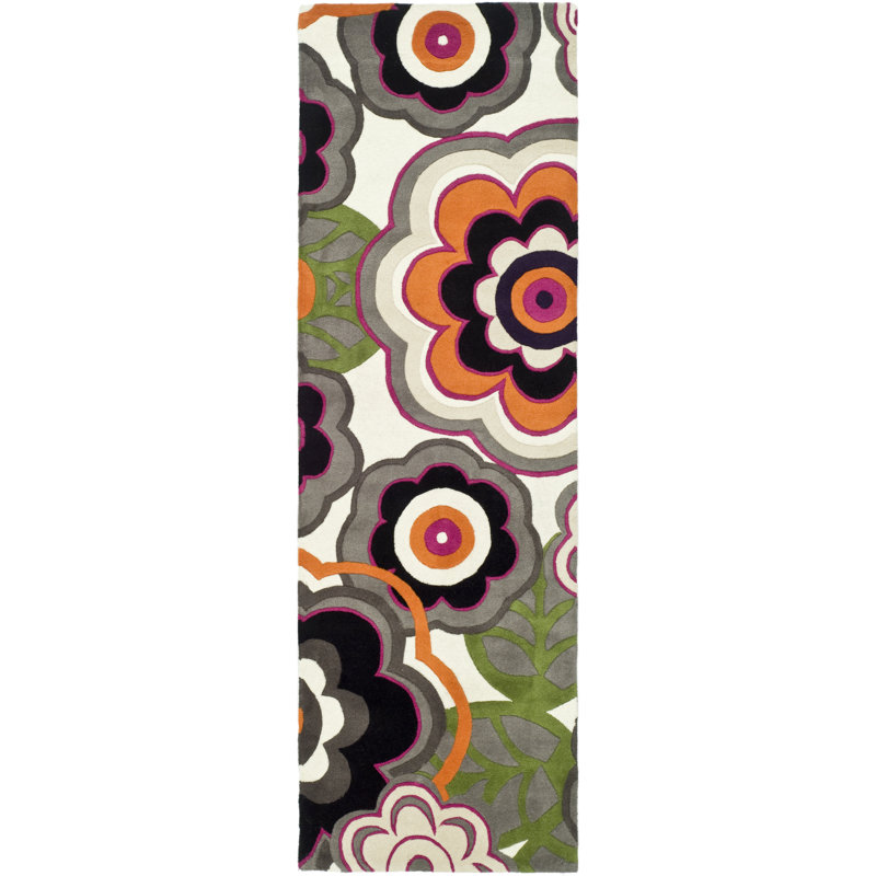 Tapis vert / gris / noir en laine touffeté à la main Candelo, Tapis de couloir 2 pi 6 po x 8 pi