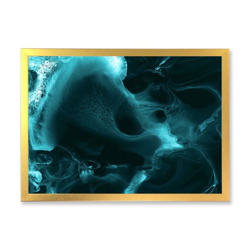 Turquoise nuage liquide I - peinture sur toile, H 34 po x l 44 po, Cadre doré