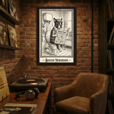 Bath & Laundry Boston Terrier lisant un journal dans la salle de bain
