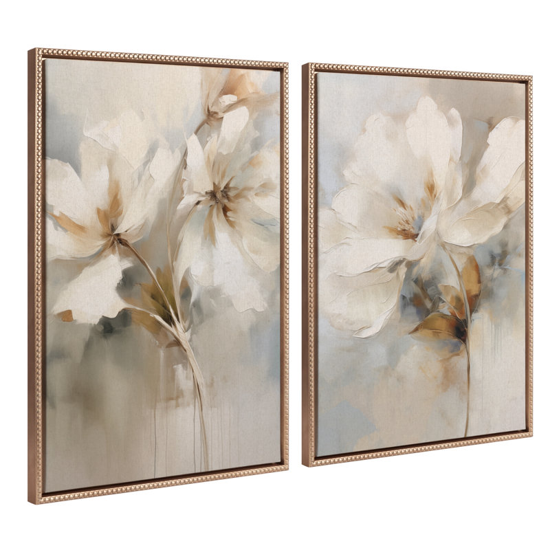 «Abstract Botanical Floral Linen Painting 1 and 2» par The Creative Bunch Studio, ensemble d'art mural sur toile encadrée