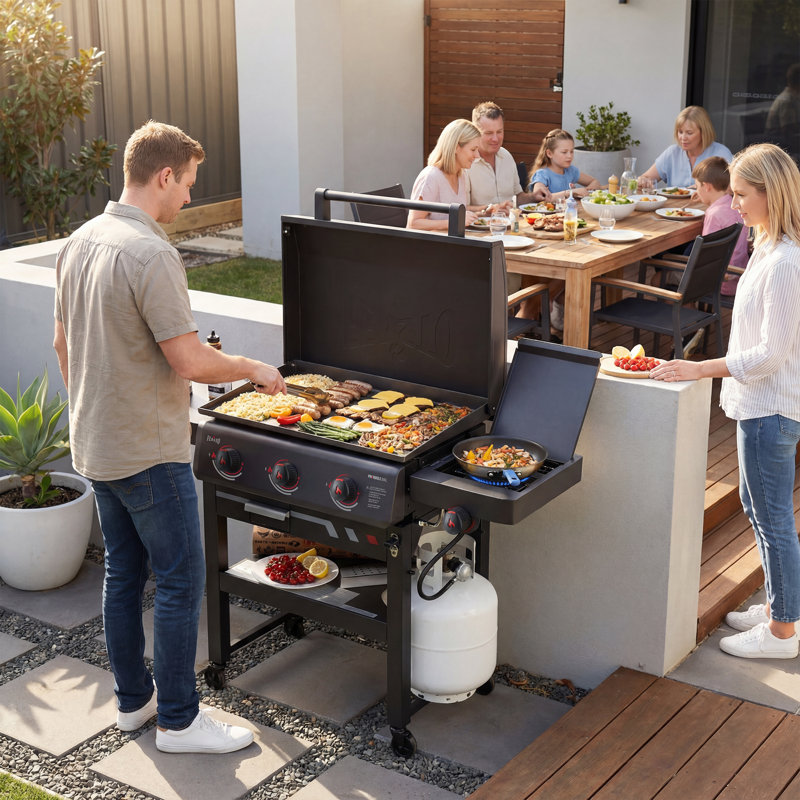 FEASTO 28" Propane Heavy-duty Gas Griddle with Side Burner & Hood, 3-Burner Outdoor Flat Top Grill, 37,500 BTU,  Foldable Side Shelf, Grease Cup & Foil Liners for Backyard BBQ