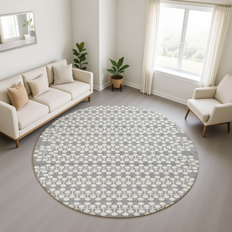 Premium Machine Washable Mayfield AMF2247 Geometric Rug, Gray, 8' Round