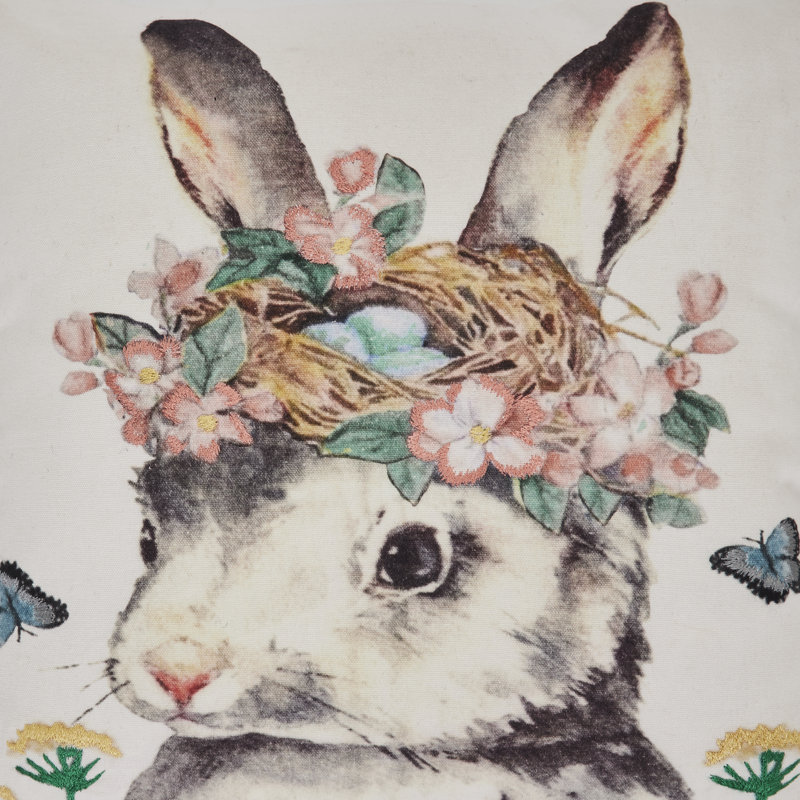 Farmhouse Grey Cotton Embroidered Bunny Accent Pillow