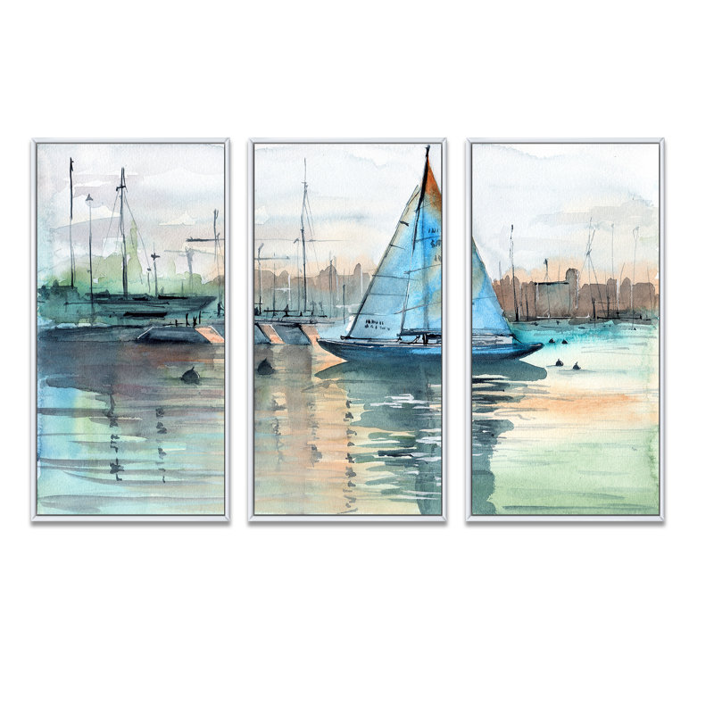 Voilier, ensemble d'art mural sur toile, Yacht Harbor, reproduction côtière - Un voilier dans une marina, H 32 po x l 48 po