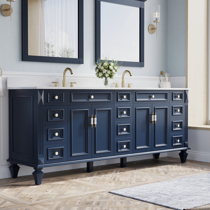 Meuble-lavabo Gamella 84 po L x 35 po H en bois massif, avec comptoir en quartz blanc de Carrare et double lavabo, bleu marine