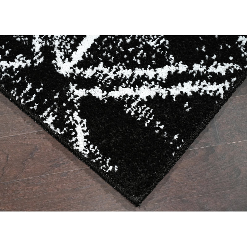Tapis rectangulaire en polypropylène touffeté à la machine noir / blanc Guilden, Tapis de couloir 2 pi x 7 pi