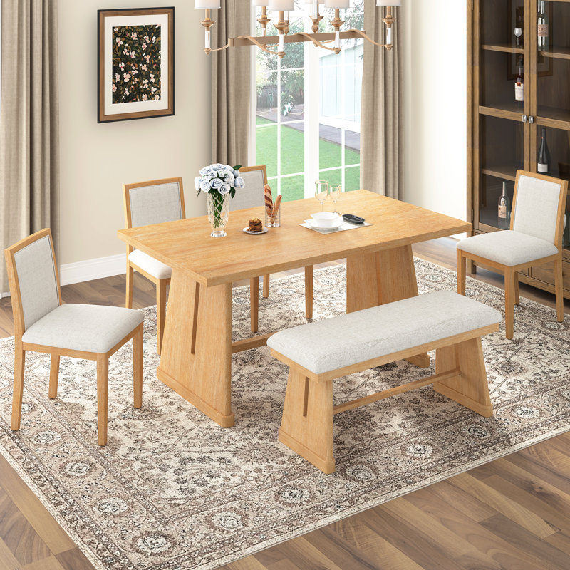 6 pièces de style rustique avec table rectangulaire, 4 chaises rembourrées en lin et 1 banc rembourré pour les dîners intimes