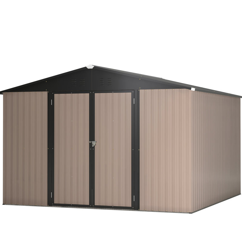 Remise de rangement en métal brun 10 pi x 10 pi, avec porte verrouillable et ventilation pour remise extérieure, brun, pour patio