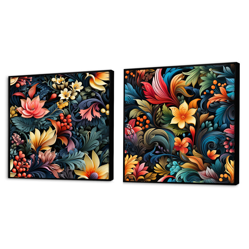 Taunton - Ensemble de 2 collages floraux et botaniques carrés, Cadre flottant noir, H 30 po x l 61 po