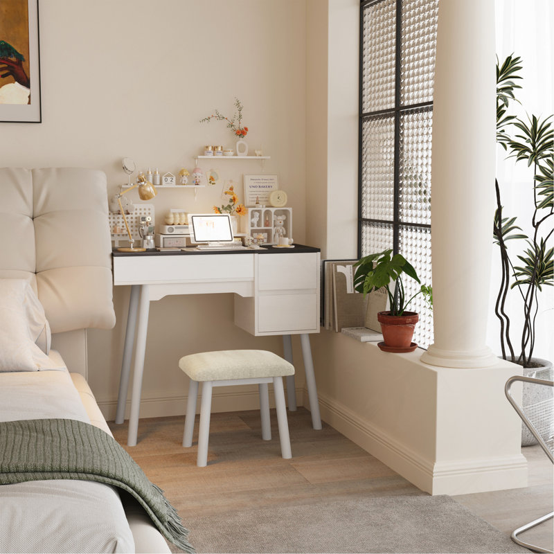White Vanity Desk With Flip Top Mirror & Chair ,2 Drawers & 8 Storage Compartments