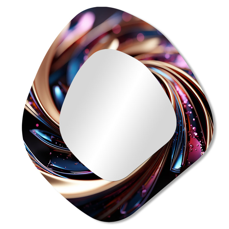 Jambi or et rose spirale abstraite hypnotique I - miroir de forme unique spirales abstraites, miroir mural décoratif asymétrique doré, impression sur métal