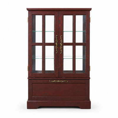 Display Cabinet with RGB LED Light Strip, Glass Door Curio Cabinet with Adjustable Glass Shelves & Flip-Down Storage Drawer, Freestanding Display Bookcase for Living Room, Dining Room, Bedroom & Entryway