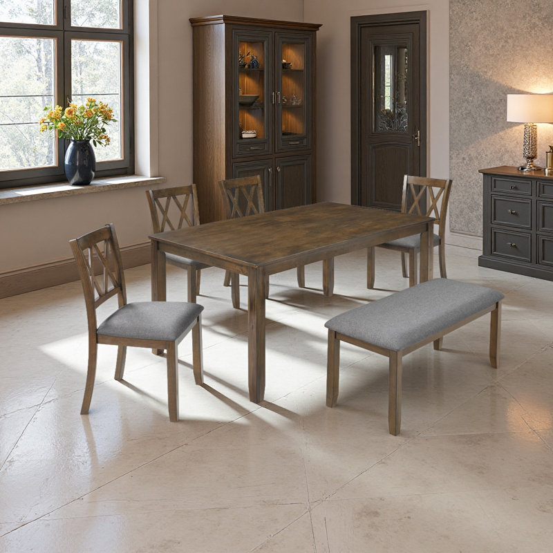 6-piece Wooden Dining Table Set With 4 Chairs And A Bench, Rectangular Kitchen Table Set For 6 People