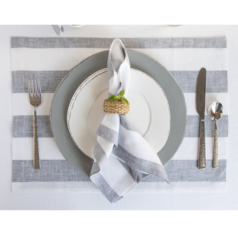 Cabana Stripe - 100% Pure Linen Dinner Napkins, Gray/White