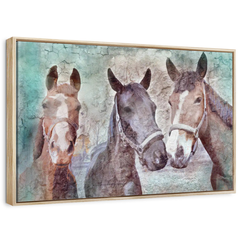 Trois chevaux voisins, Cadre flottant en bois naturel, 40 po x 27 po