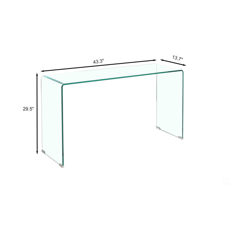 Console en verre, console en verre trempé transparent avec bureaux à bords arrondis, table de canapé