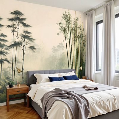 Peel and Stick Wallpaper 144" W x 100" H Modern Self Adhesive Wall Mural for Bedroom Japanese Bamboo Mist Fog Trees Landscape Watercolor Soft Lines Natural