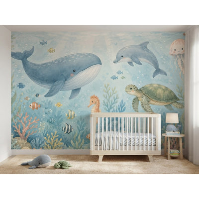 Papier peint mural aquarelle animaux marins sous-marins pour enfants