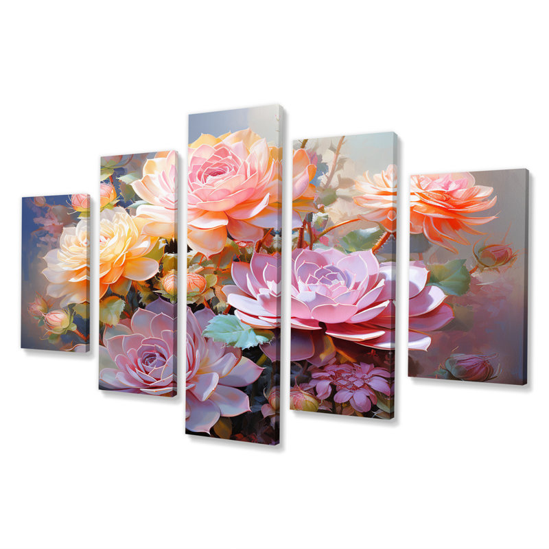 «Delicate Blossoming Succulent Tender Pastels IV», reproduction d'art sur toile - 5 panneaux
