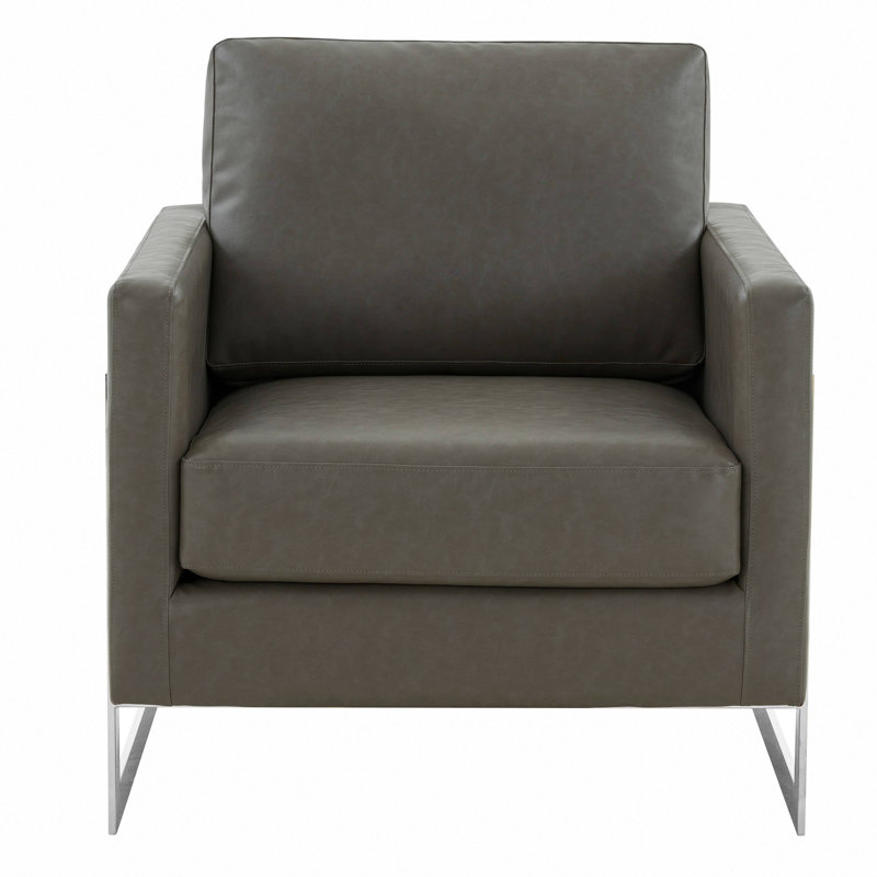 Lincoln Modern Leather Accent Chair with Stainless Steel Base – Contemporary Boxy Armchair, Single Seater Side Chair for Living Room, Bedroom, Office & Lounge