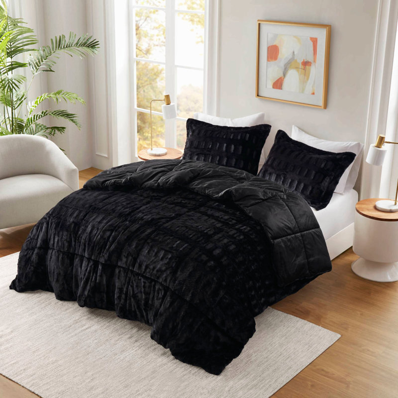 Ensemble de couette 2 pièces en fausse fourrure noire, taille Twin/Twin XL