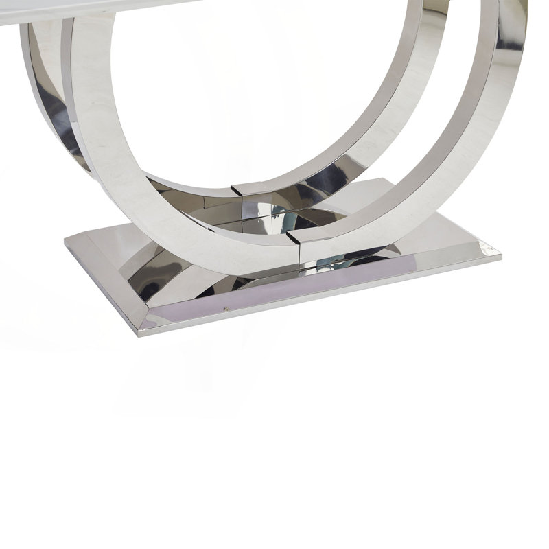 Table de salle à manger rectangulaire de 69,30 pouces, moderne simple, plateau en marbre, plateau en panneau de fibres à densité moyenne, surface de miroir en acier inoxydable de couleur argent, pouvant accueillir 4 à 6 personnes, motif en marbre blanc, miroir argenté.