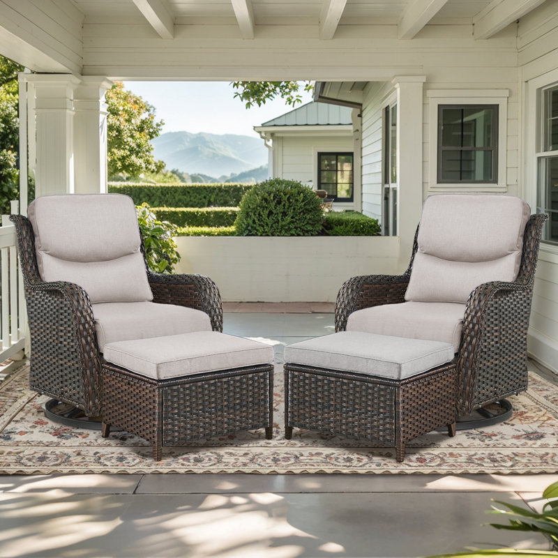Koba 2-Person Wicker Swivel Rocker Patio Set with Ottomans and Cushions, Beige, Brown