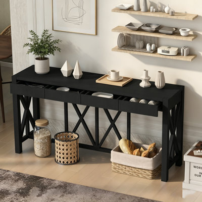 Console en placage d'acacia de 60 pouces avec 4 tiroirs et rangement ouvert