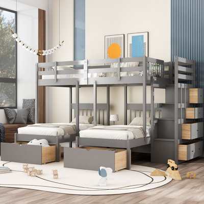 Bunk Bed, Wood Triple Bunk Bed With Drawers And Guardrails