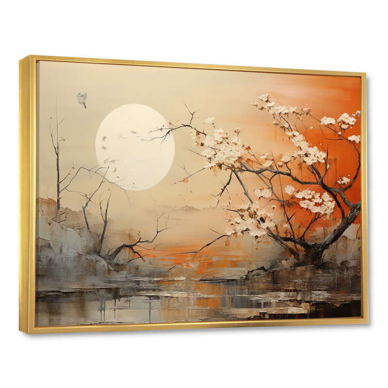 «Moon On Tangerine Twilight Landscape», impression d'art mural lune, H 16 po x l 32 po x P 1 po, Cadre flottant doré