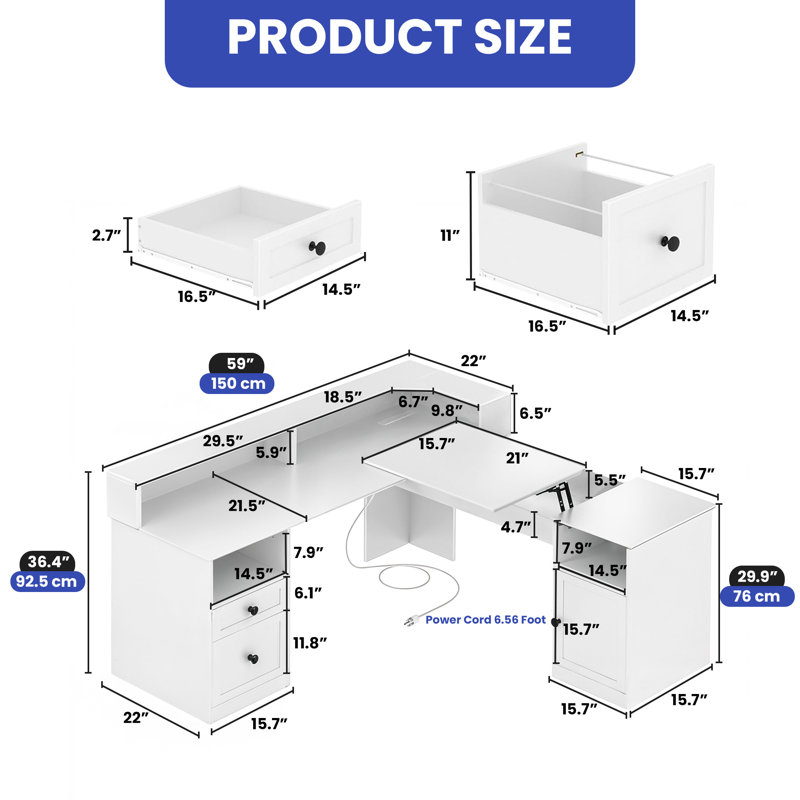 Lazaria Adjustable L-Shaped Computer Desk with Power Outlet, White