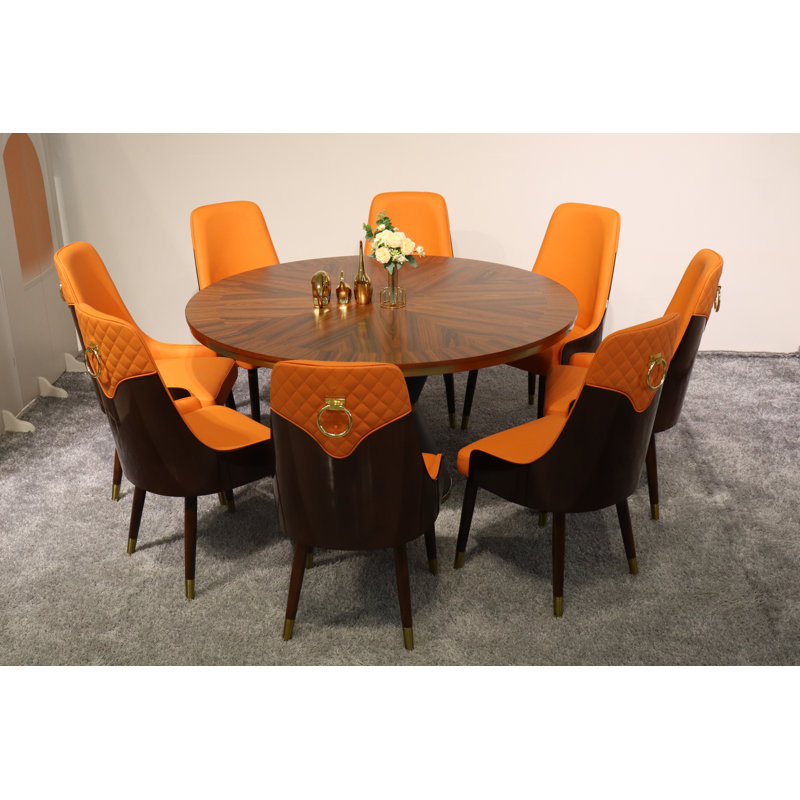 Vogue Lux Orange 61" Round Dining Set, Orange, 9 Pieces: Table, 8 Chairs, 31" H x 61" W x 61" D