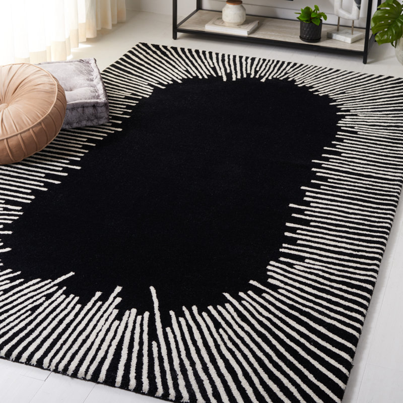 Tapis noir / ivoire en laine / coton touffeté à la main Jarie, Rectangulaire 2 pi x 3 pi