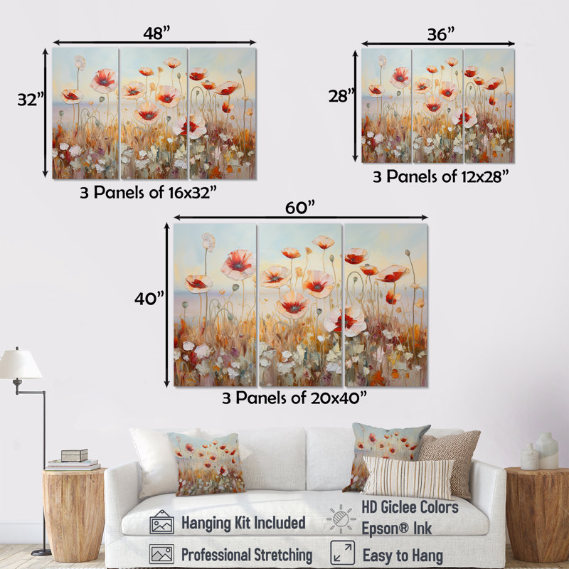 Ensemble de décorations murales coquelicots rouges et dorés, H 28 po x l 36 po x P 1 po, Toile tendue
