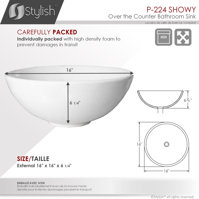 STYLISH Opulence Showy 16"L White Round Vessel Sink
