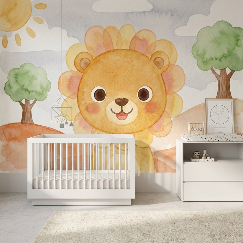 Papier peint aquarelle, lion mignon, décoration murale de chambre de bébé amovible, 160 po x 108 po, Peler et coller