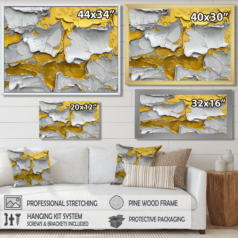 Jaune et gris abstrait Grove Harmony II - Art abstrait de suprématisme, H 12 po x l 20 po, Cadre flottant, Blanc