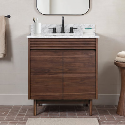 Carina 31 po Meuble-lavabo simple en teck café avec plateau en marbre blanc de Carrare