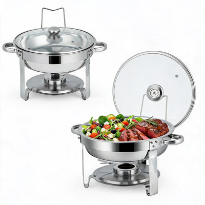 Ensemble de 2 chauffe-plats ronds en acier inoxydable pour buffet – 6 L – Couvercle en verre – Idéal pour les fêtes, les traiteurs et les événements – Argenté – Couvercle en verre