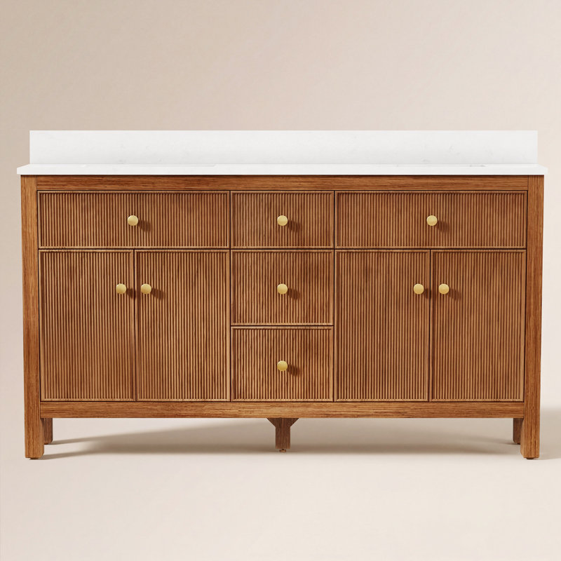 Ensemble de meuble-lavabo à double cuve 60 "avec plateau en pierre reconstituée Barnhart, Brun / or