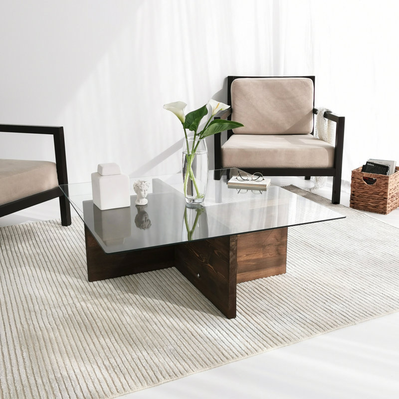 Modern Coffee Table with 100% Tempered Glass, Walnut Finish, 35.4 x 13.8 x 35.4 inches | 6 mm Glass Thickness & 100% Pine Solid Wood Frame | Elegant Design, Perfect for Living Room or Lounge Area