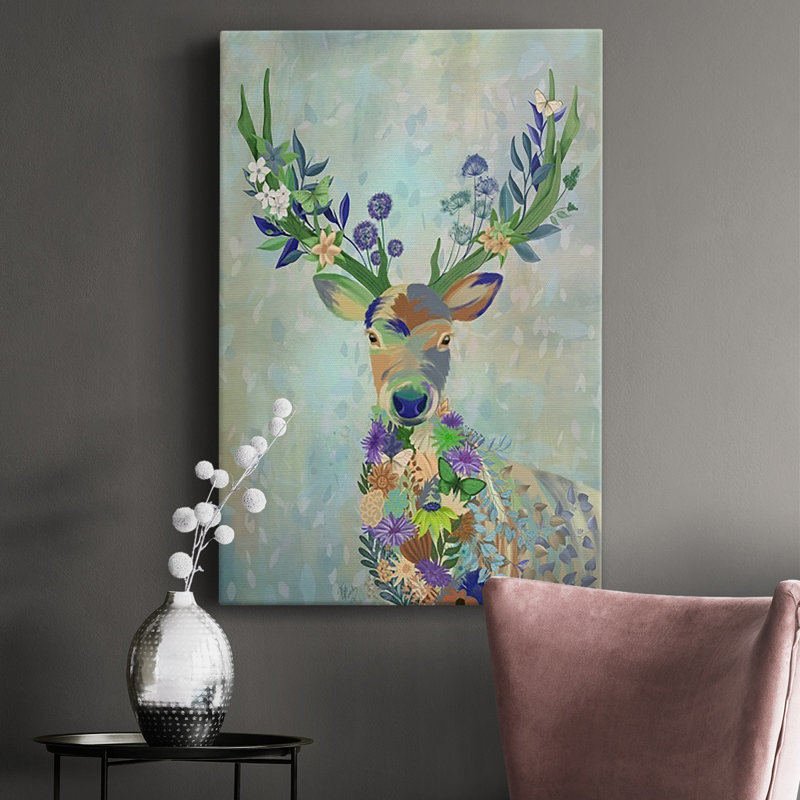 «Fantastic Florals Deer», toile tendue avec châssis de qualité supérieure - prête à accrocher, H 27 po x l 18 po x P 1 po