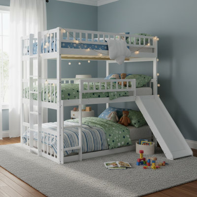 Full-Over-Full-Over-Full Triple Bunk Bed, Wood, Built-In Ladder & Slide, Contemporary, Kids & Teens Room