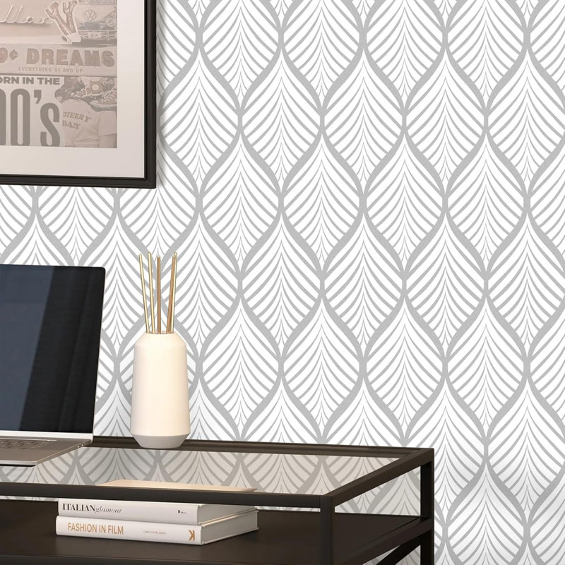Silver and White Geometric Wallpaper Self Adhesive Wallpaper Silver Strip Effect 44.5 x 1000 CM