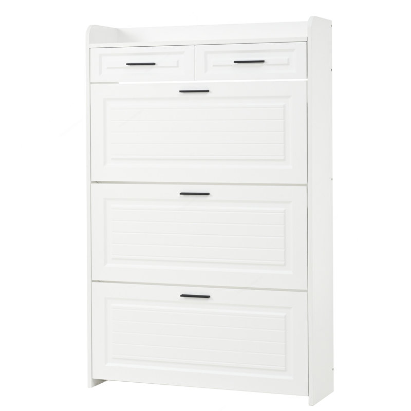 Deux tiroirs, trois portes pliantes, grande armoire à chaussures de rangement, blanc