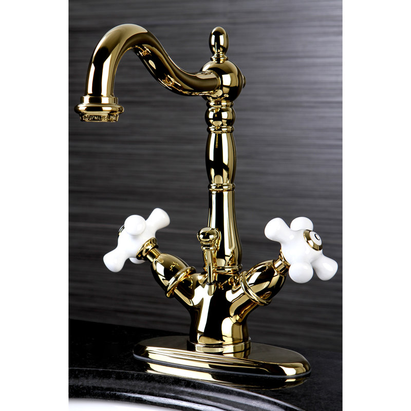 Kingston Brass Heritage Two-Handle 1-or-3 Hole Deck Mount Bathroom Faucet with Brass Pop-Up, Polished Brass