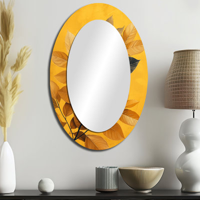 Mustard Autumn Leaves Embrace II - Floral Oval Decorative Mirror On Metal