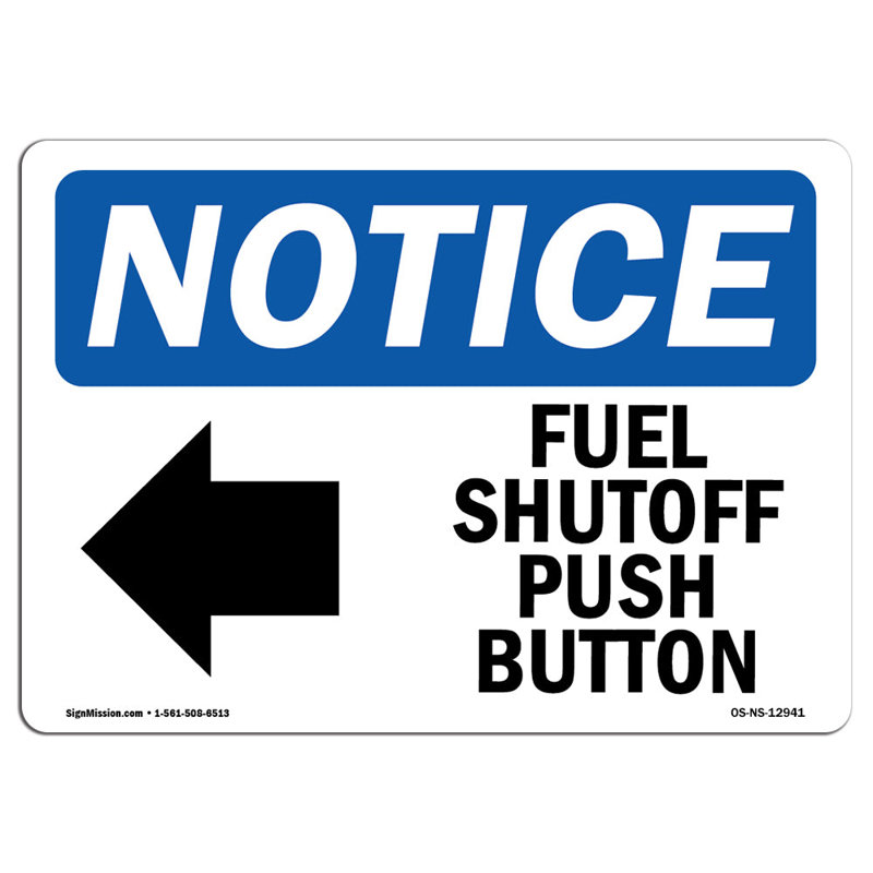 Bouton-poussoir d'arrêt de carburant [flèche gauche] Panneau en aluminium 18 x 24